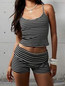 Women's 2 Piece Lounge Outfits Sleeveless Striped Cami Tank Tops Shorts Party Sets - 黑色 - 查看 3