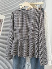 Selcouth Plus Size Women Elegant Patterned Plaid Bowknot Collar Ruffle Hem Fitted Flare Sleeve Long Sleeve Shirt, Versatile Top For Autumn - Black and White - View 5