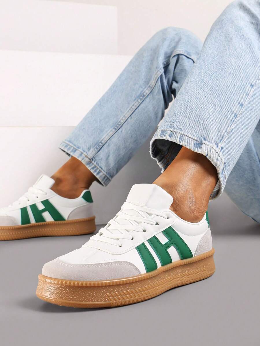 Thick Sole Sneakers With Contrasting Stitching - Olive Green - View 1