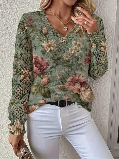 Elegant Floral Print V-Neck Long Sleeve Sweater, Versatile Bohemian Style Top For Spring, Summer, Autumn, Winter, Fashionable Knitted Pullover For Office, Street, Home, Travel