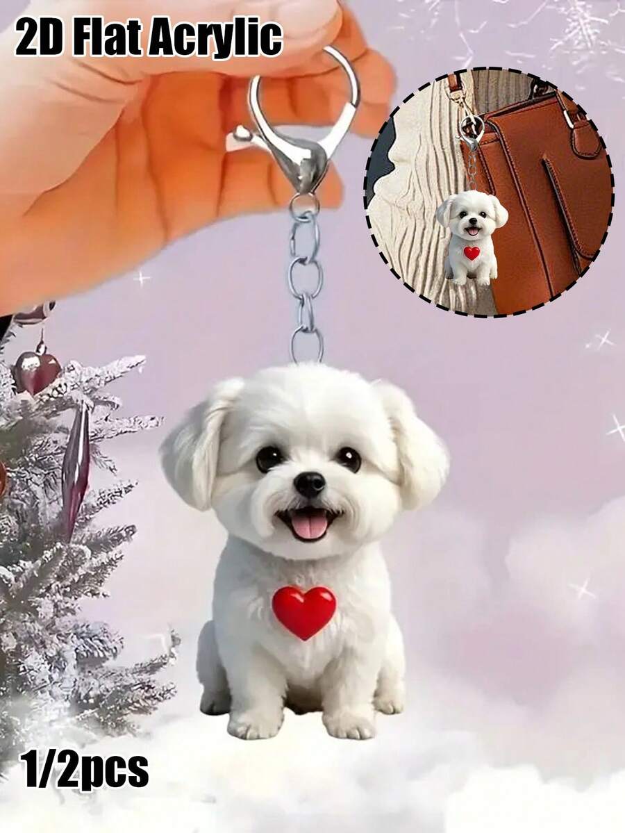 2D可爱亚克力马尔济斯犬钥匙扣，带红色爱心 - 卡通风格钥匙圈，龙虾扣，适用于车钥匙、背包和手提包，可用作包包挂饰、汽车装饰、包包配件 | 趣味设计 | 亚克力材质，也适用于女士钱包和手机配件，可赠送给朋友、家人、女朋友，也适用于户外配件、派对装饰、礼物、纪念品，是乔迁礼物和圣诞礼物的完美之选。