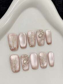 10 Peças de Unhas Postiças Feitas à Mão, Estilo Retrô, Olho de Gato, Cobra, Bambu, Estilo Chinês, Empilhamento de Diamantes, Simples, Unhas Rosas, Unhas Curtas, Unhas Adequadas para Uso Diário por Mulheres e Meninas Bonitas e como Presentes para Festas, Adequadas para Dia dos Namorados, Halloween, Presentes de Natal, Unhas Postiças, Unhas Curtas Postiças