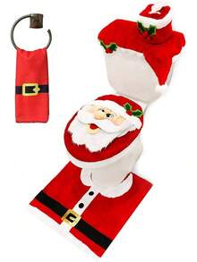 Decoración de baño temática navideña, juego de 5 piezas que incluye funda para asiento de inodoro, alfombra, funda para tanque, funda para portarrollos de papel higiénico y toalla de Santa - Papá Noel - Ver 1