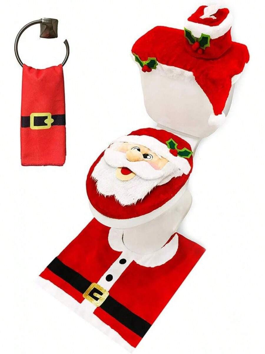 Decoración de baño temática navideña, juego de 5 piezas que incluye funda para asiento de inodoro, alfombra, funda para tanque, funda para portarrollos de papel higiénico y toalla de Santa - Papá Noel - Ver 1