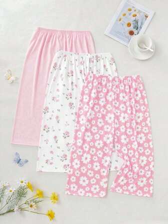 3pcs Set Women Solid Color, Daisy, Rose Floral Print 3/4 Length Pajama Pants, Soft & Comfortable, Suitable For All Seasons