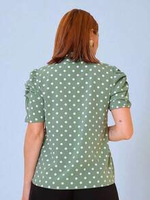 Blusa Camisa Feminina Evangélica Social Poa Bolinhas Manga Curta Com Laço - Verde - Visão 3