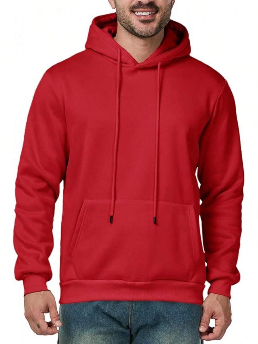 Mens Casual Long Sleeve Drawstring Athletic Hooded Pullover Sweatshirt With Pockets, Fashionable - Red - View 1