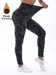 1 Pack Women's Thermal Lined Floral Print Leggings, Black Base, Stretchy Skinny Pants, Elegant & Casual, Suitable For Home, Workout, Yoga, Fitness, Outdoor Activities, Soft & Comfortable, Autumn/Winter