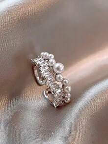 1 chiếc nhẫn dự tiệc cocktail đính đá Cubic Zirconia giả ngọc trai sang trọng độc đáo dành cho nữ - Bạc - Xem 4