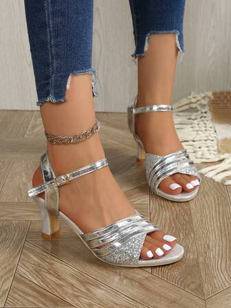 2025 New Sequin Upper Shiny & Comfortable Women's High Heel Sandals. Open Toe Design. Fashionable Beach Party Women's High Heels. Silver High Heels. Gold High Heels.
