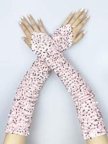 1 对闪亮亮片露指天鹅绒圣诞臂套，派对服装配饰，适合所有季节