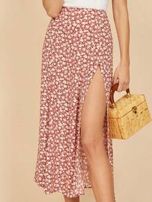 Rosa Lunares Impreso Cintura Alta Estiramiento Envoltura Cadera Split Falda Larga Halter Falda lápiz elástica de cintura alta con estampado de lunares y abertura, falda larga evasé con estampado de leopardo Faldas de Mujer - Rosa - Ver 2