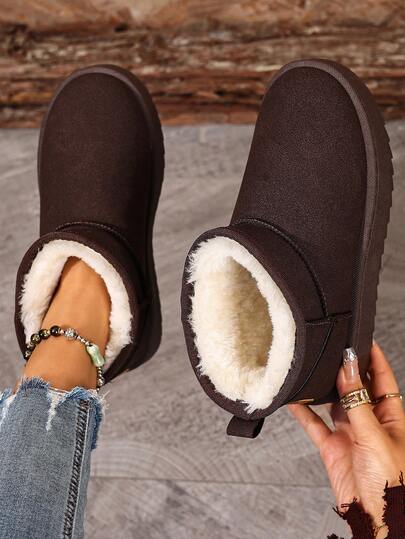 Women's Fashionable Solid Color Thick Sole Shoes, Platform Sneakers, Outdoor Walking Shoes, Casual Versatile Cloth Shoes, Warm Lined Short Boots, Fuzzy Boots, Minimalist Plus Size Coffee Brown Snow Boots, Slip-On Shoes For Christmas,Fur Boots