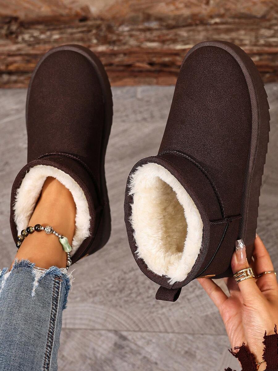 Modne buty damskie w jednolitym kolorze z grubą podeszwą, trampki na platformie, buty do chodzenia na świeżym powietrzu, uniwersalne buty materiałowe, ciepłe krótkie buty z podszewką, futrzane buty, minimalistyczne, duże, brązowe śniegowce w kolorze kawy, wsuwane buty na święta, futrzane buty