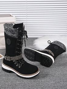 Women's Autumn/Winter New Bohemian Style Mid-Calf Boots, Slimming Round Toe Black Flat Boots, Retro Western Embroidered Riding Boots