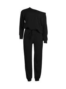 Plus Size Women's Solid Color Batwing Sleeve Asymmetric Drawstring 2 Pieces Set, Suitable For Daily Wear, Casual Home, Autumn Long Sleeve 2 Pieces Casual Suit, Thanksgiving 2 Pieces Set Black Spring Elegant - Black - View 3