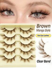 Rikuaild 5 Pairs Cartoon Style Brown False Eyelashes, Anime Fox Eye Fake Lashes, Natural Lightweight Soft Brown Lash Extension, Reusable Transparent Band, Daily Makeup False Eyelashes - 狐狸眼睫毛 - 查看 3
