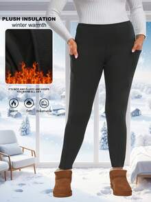 Plus Size Women's Thermal Leggings, High Waist Yoga Pants, Warm Tight Pants With Pockets For Winter