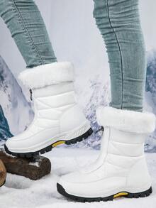 Women's Fashion Snow Boots, Solid Color, Round Toe, Ultrafine Fiber Outer, Fabric Lining, Rubber Sole, Thickened Cushioning, Warm Fleece Lining, Outdoor Footwear - 白色 - 查看 3