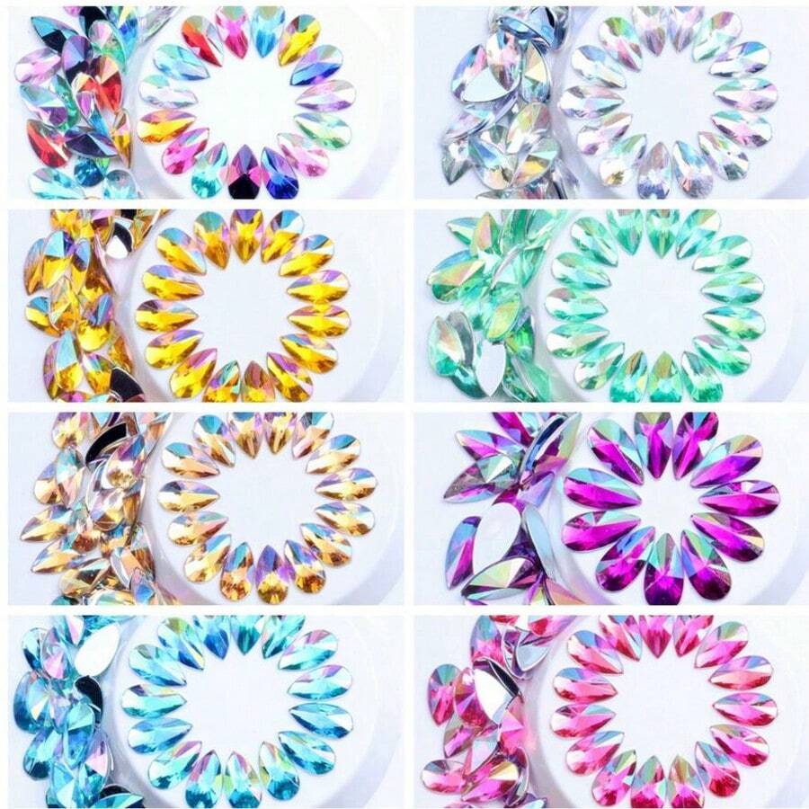 50颗8*13mm亚克力非烫钻，平底水滴尖面AB彩DIY首饰
