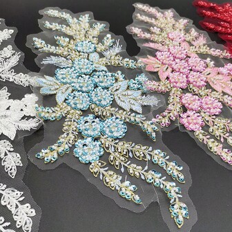 1pc Elegant Sequin Flower Embroidered Patch, Sewing Decoration, 32*14CM