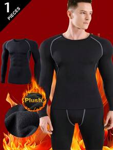 男士户外保暖内衣，加厚保暖内衬，纯色长袖圆领上衣，适合寒冷天气下的户外活动，如滑雪、秋冬季穿着。 - 黑色 - 查看 2