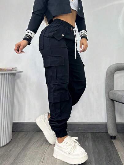 Autumn,Going Out,Chic,Brown,Y2K,Cargo Pants,Formal Pants,Cargo Pants For Women,Pants For Women,Tracksuit Pants,Baggy Pants,Halloween,Women's New Style, Autumn And Winter Work Pants, Trousers, Trousers, Street Style, Multi-Pockets, Elastic Waistline, Airport, Back-School Season