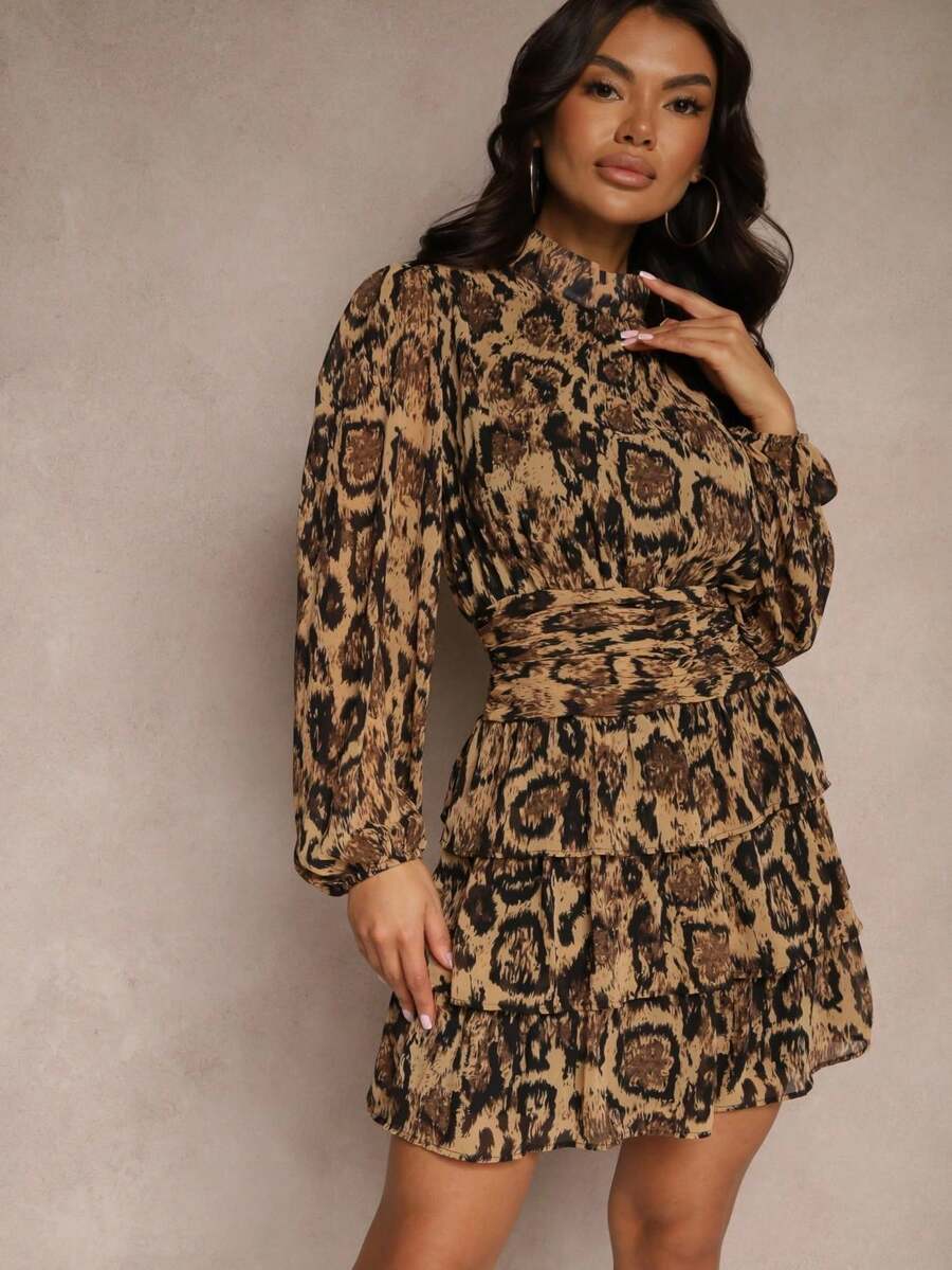 Leopard Print Flared Dress With Stand-Up Collar And Ruffles - Brown - View 1