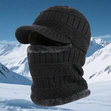1pc Men's Winter Knit Hat, Thermal Lined Thick Beanie, Scarf Attached Earflap Hat, Unisex Balaclava, Suitable For Outdoor Cycling And Daily Wear & Outfit Matching