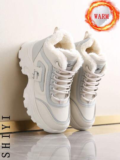 女士白色休闲鞋，运动鞋，2024冬季新款，加绒保暖，户外厚底增高，时尚百搭度假风，学生户外徒步滑板鞋，平底厚底运动鞋，雪地靴，女鞋