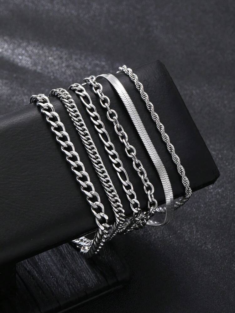 7pcs Stainless Steel Chain Bracelet Set, Simple Style For Men, Suitable For Vacation, Date, Gift, Casual Party Outfit - Multicolor - View 12