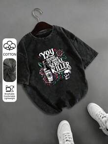 T-shirt d'été à manches courtes en coton pour femmes grandes tailles avec imprimé bouteille de poison, rose et crâne. Top casual et confortable pour un port quotidien