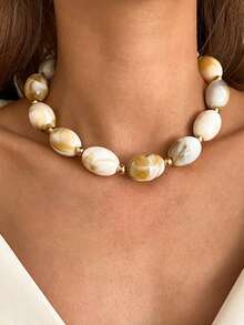 1pc Bohemian Geometric Asymmetrical Beaded Resin Chain Necklace, Luxurious Casual Party Women's & Couples' Wedding Holiday Versatile Metal Jewelry Gift - Necklace - View 17