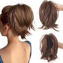 Synthetic Claw Clip Ponytail Extension 8-Inch Light Brown Short Curly Ponytail Hair Piece For Women's Daily Use