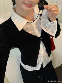 女士春季针织上衣，深灰色针织拼接开衫，修身喇叭袖衬衫，黑色 - 黑色 - 查看 7