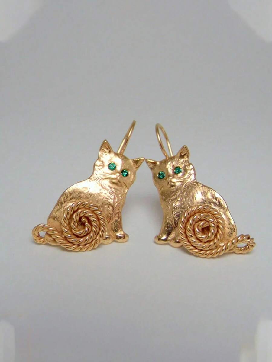 1 Pair Of Vintage Cat Design Copper Women's Earrings, Suitable For Daily Travel And Music Festival Wear, A Gift For Animal Lovers - 彩色 - 查看 1