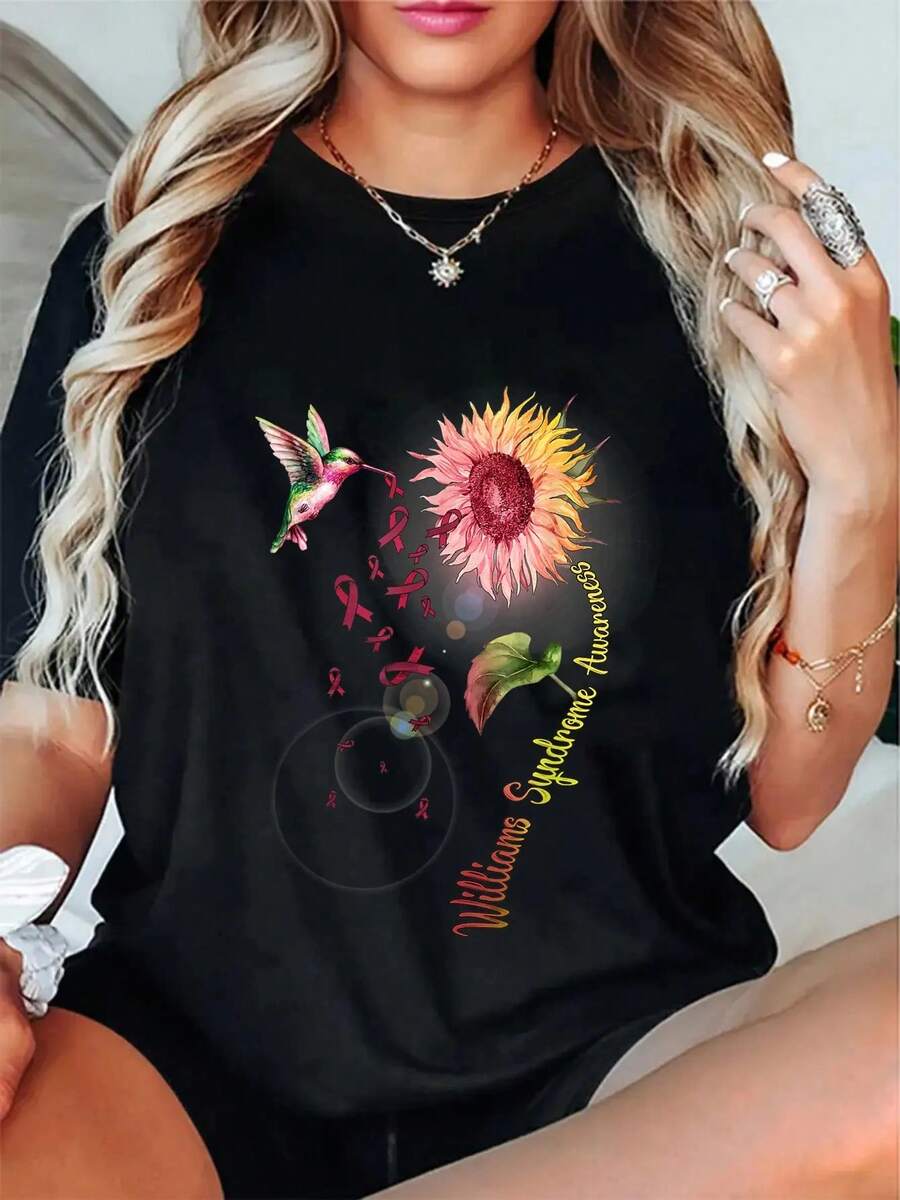 100% Cotton Williams Syndrome Sunflower Hummingbird T-Shirt Women's Men's Graphic Tee Black Summer Crew Neck T-Shirt - Black - View 1