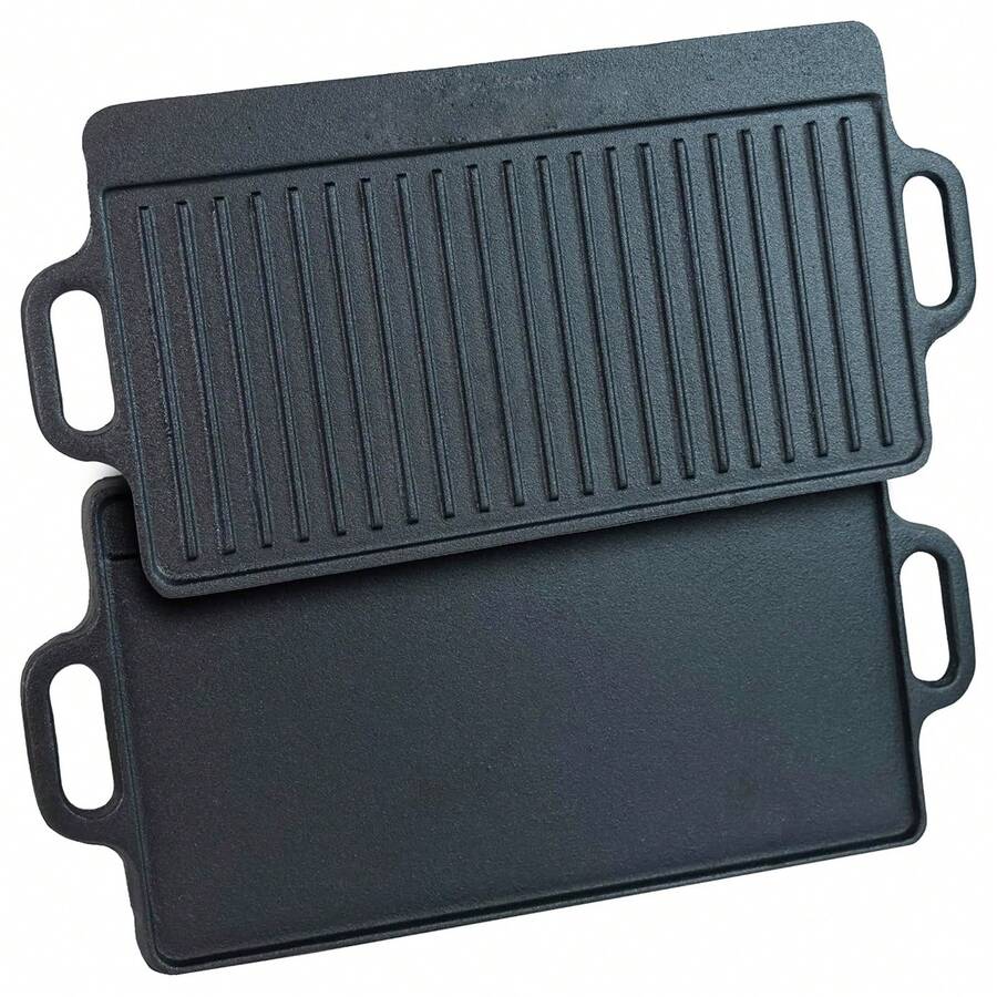 Gr8 Home Non Stick Cast Iron Reversible Griddle Plate Ribbed Pan BBQ Grill Hob Cooking - Black - View 1