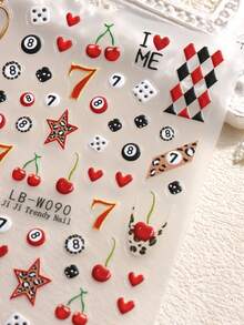 2张Y2K台球美甲贴纸，3D卡通樱桃豹星台球扑克牌美甲图案可爱美甲装饰自粘美甲贴花美甲沙龙DIY美甲用品 - 彩色 - 查看 4