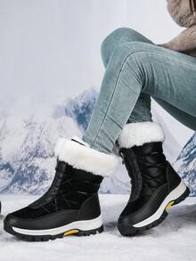 Women's Winter Snow Boots With Fleece Lining, Thickened TPR Sole, Warm Fleece Lining, And Round Toe Design. Suitable For Outdoor Snow And Hiking Scenarios. These Hiking Boots Combine Functionality And Style, Featuring A Fabric Lining For Winter Footwear. - 黑色 - 查看 4