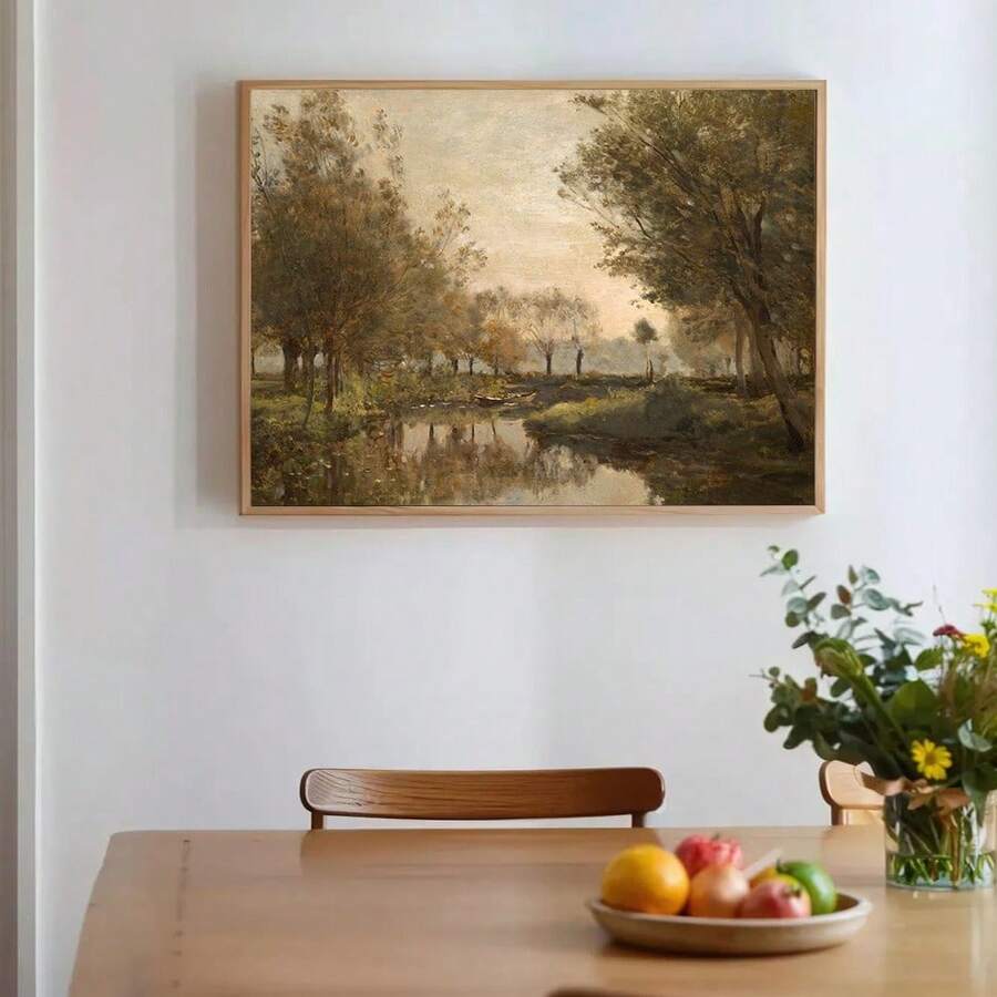 1件無框復古湖畔小屋風景海報,秋季自然鄉村風牆面藝術帆布畫,營造溫馨舒適的秋季農舍田園裝飾,復古繪畫,適用於公寓、客廳、臥室、現代家居裝飾 - 彩色 - 查看 1