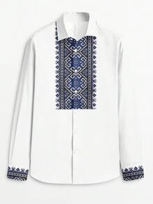 Fashionable Minimalist Men's Long Sleeve Print Turndown Collar Shirt, Suitable For Dates, Formal Occasions, And Everyday Wear - White - View 3