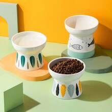 Tazón de cerámica para mascotas, tazón de gato estilo japonés, tazón de comida para gatos con patas altas, tazón de agua, tazón para mascotas para prevenir la tensión del cuello, diseño inclinado anti-derrame