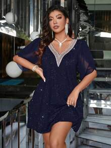 Vestido elegante de talla grande con cuello de contraste y destellos - Azul marino - Ver 6