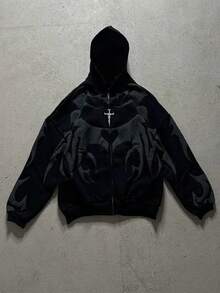 Y2K Gothic Print Hoodie For Men And Women - Dark Fashion Zip-Up Sweatshirt, Stylish & Casual Streetwear For All Seasons - 黑色 - 查看 2