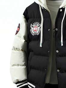 Men's Front Zipper Long Sleeve Letter Print Hooded Padded Coat, Casual Everyday Wear , Fall Winter