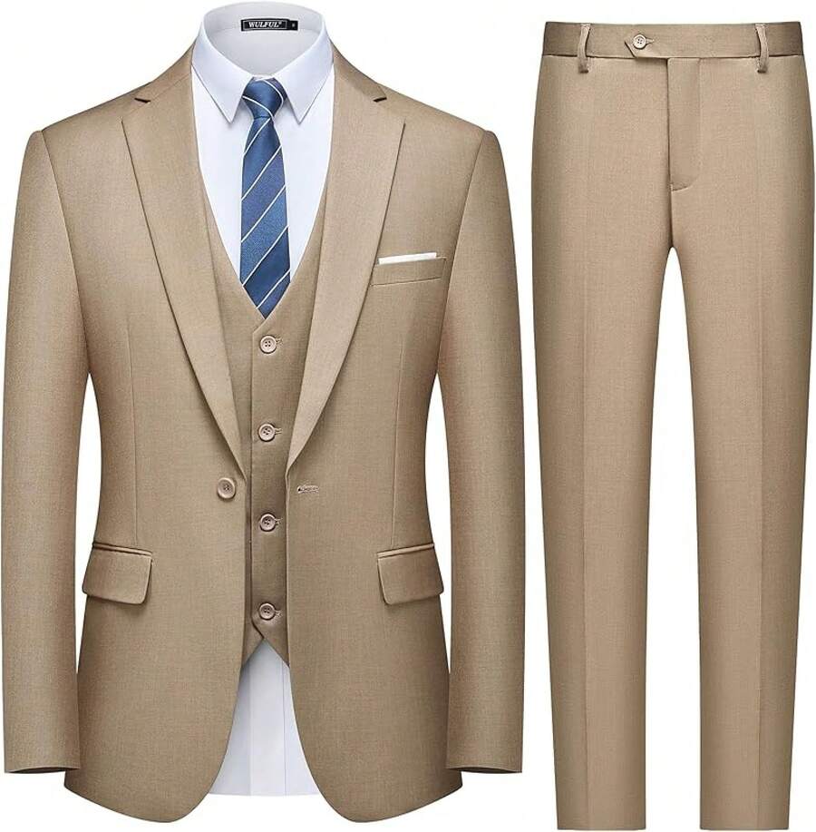 Men's Slim Fit 3 Piece Suit, One Button Solid Blazer Business Party Jacket Vest Pants Sethalloween - màu nâu - Xem 1