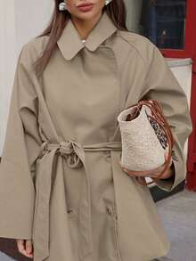 Women's New Design Casual Elegant Trench Coat, Mid-Length Jacket With Tie Waist, Long Sleeve, Vintage Thin Outerwear For Commuting, Autumn/Winter