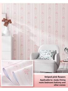 1 Roll Of Thickened Striped Self-Adhesive Wall Decoration Stickers For Living Room And Bedroom TV Background Wall Waterproof And Moisture-Proof Wipeable Wallpaper Wall Paper Wall Stickers Room Decor - Striped White Background With Pink Flowers - View 4