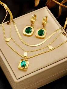 1 Set de Collar con Cadena en Forma de Corazón Verde Vintage y Aretes, Accesorios de Moda para Uso Diario para Hombres (Empaquetado en Bolsa de OPP)